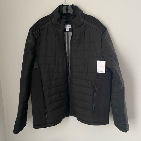 Calvin Klein Men’s Double Zipper Water Repellent Black Textured Padded Jacket - Picture 1 of 4
